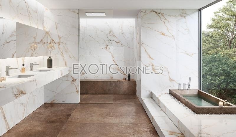 Exclusivo y Luminoso Baño en Mármol Calacatta Gold