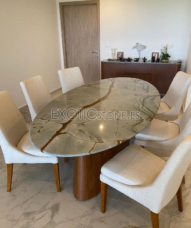 Armonía en Azul: Mesa de Comedor Ovalada en Cuarcita Blue Roma con Patas de Madera de Exotic Stone