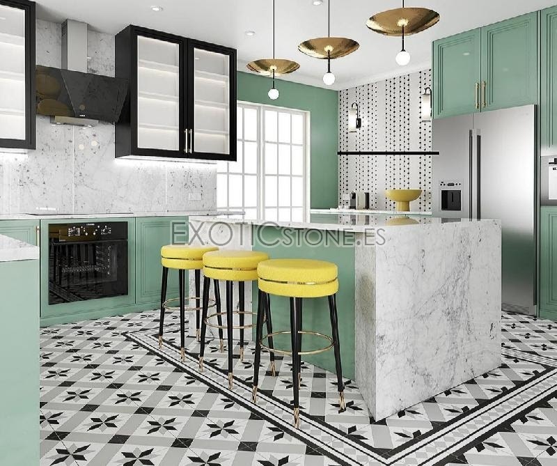 Cocina Moderna Verde  Pastel con Isla en Mármol Blanco Carrara: Diseños Exclusivos