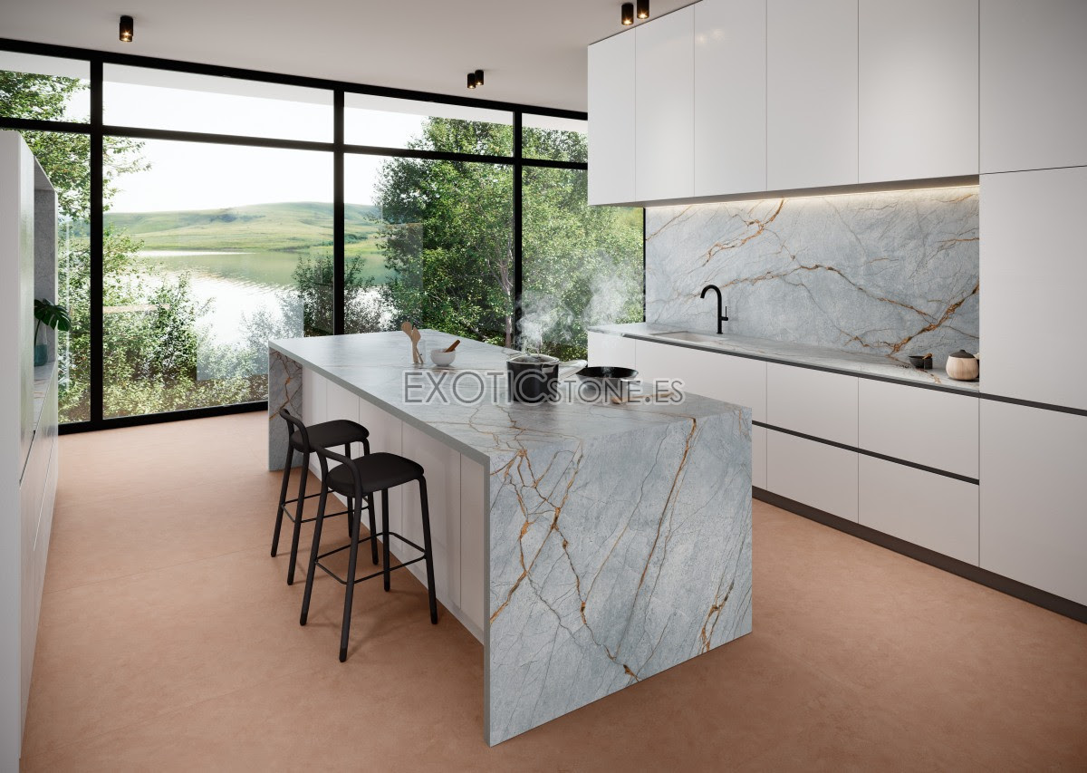 Armonía Azul: Isla de Cocina de Cuarcita Blue Roma por Exotic Stone