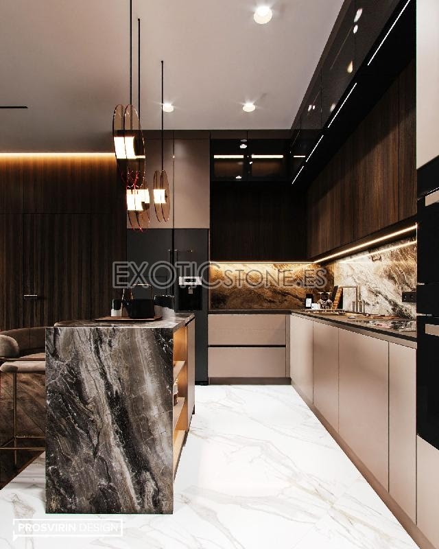 Cocina con Isla en Marmol Grigio Orobico